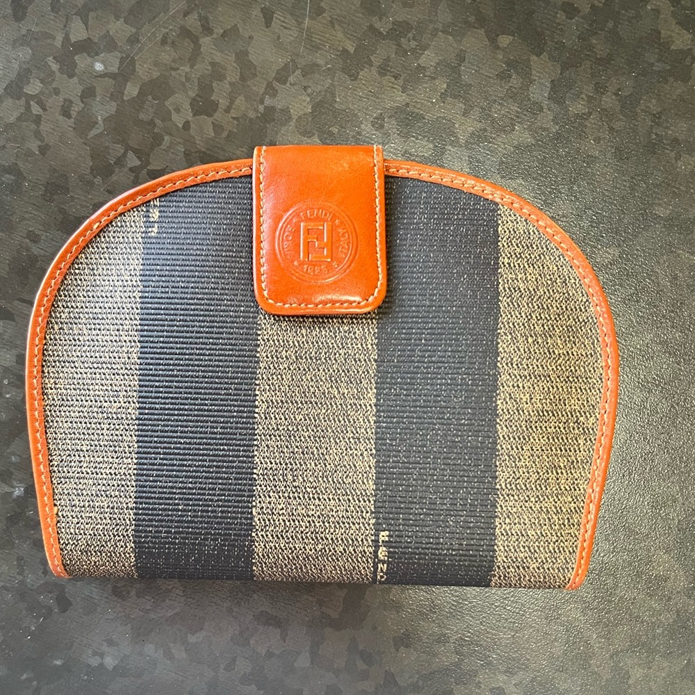 Fendi Striped Wallet with Orange Trim 
H4.5” X L6”